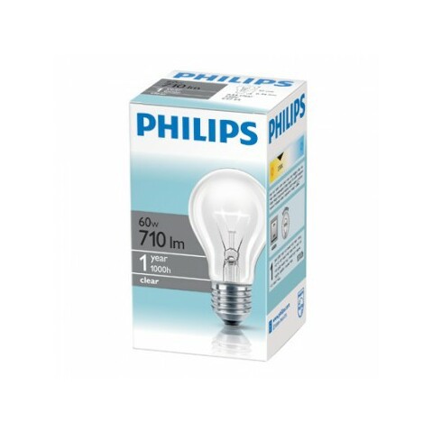 Лампа накаливания PHILIPS 60W/E27, прозрачная, стандартная
