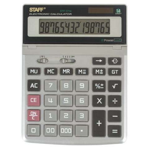Калькулятор настольный 14 разр. STAFF-1714, двойное питание, 200х152мм, металлический