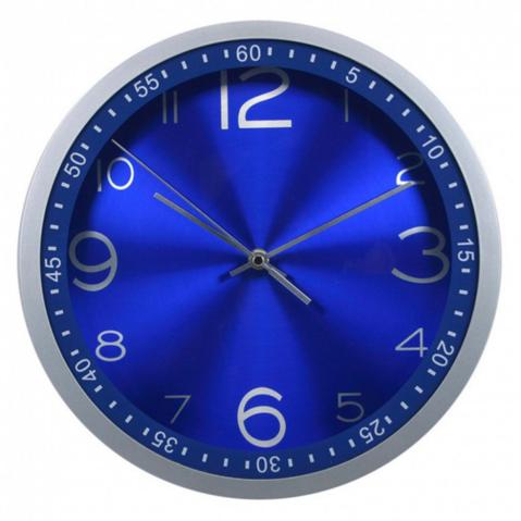 Офисные часы настенные WALLC-R05P круглые, 30.5х30.5см, синий циферблат, серая рамка, плавный ход