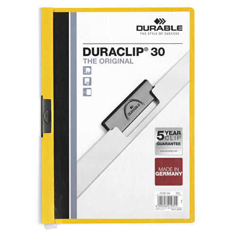 Папка с клипом DURABLE Duraclip 2200-04, А4, пластик, до 30 листов, желтая