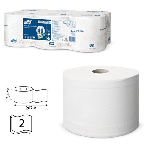 Бумага туалетная TORK SmartOne T8 System, рулон, 2-слойная, 207м, 1150л/рул, белая, 6рул/уп  (472242)