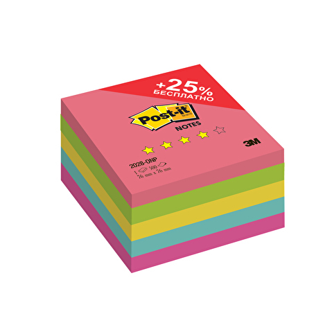 Самоклеящийся блок 3M Post-it Original 2028-ONP, 76х76мм, 500л, "Лето Плюс", 5 цветов, неоновая радуга