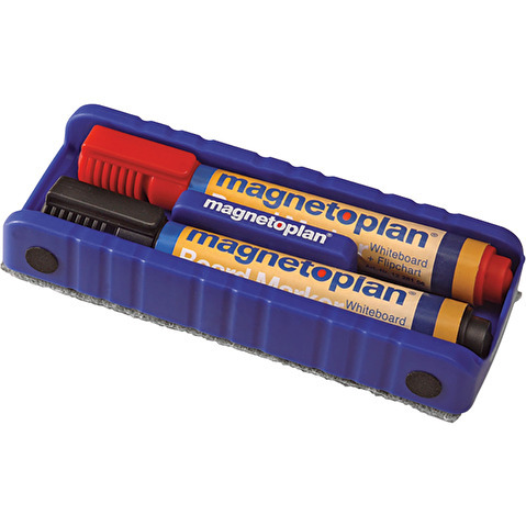 Стиратель-губка MAGNETOPLAN 12290, для магнитно-маркерной доски, с 2 маркерами (черный и красный), синий
