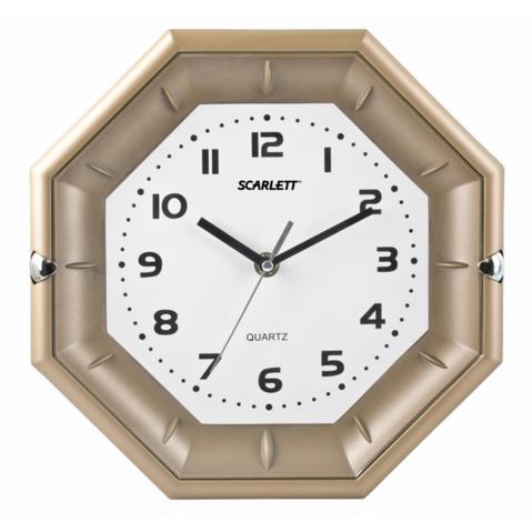 Офисные часы настенные SCARLETT SC-55QZ восьмигранник, 25.5x25.5x4.0см, белый циферблат, золотистая рамка, плавный ход