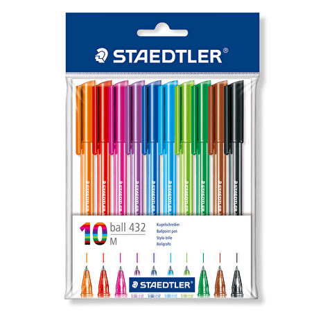 Набор ручек шариковых STAEDTLER 43235MPB10, трехгранный прозрачный корпус, 10 цветов, 10шт/уп