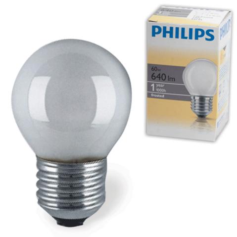 Лампа накаливания PHILIPS 60W/E27,  матовая, шарик