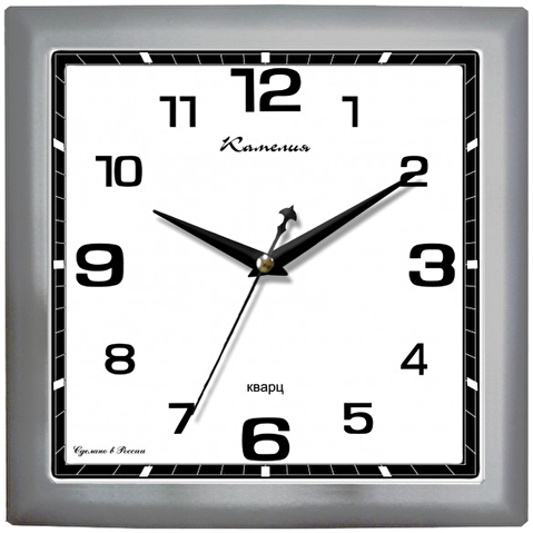 Часы настенные КАМЕЛИЯ квадратные, 29х29х3.5см, пластик, плавный ход, циферблат белый, рамка серебристая