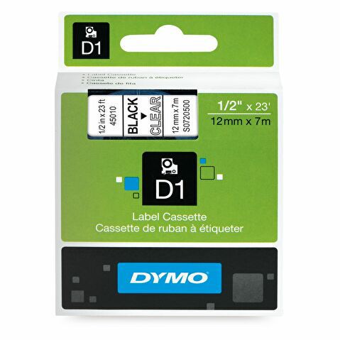 Лента для этикет-принтеров DYMO D1 для Pocket/3500/LM100/LM150/LP350/LM210D, 12мм х 7м, черный/прозрачный, пластик (S0720500/45010)