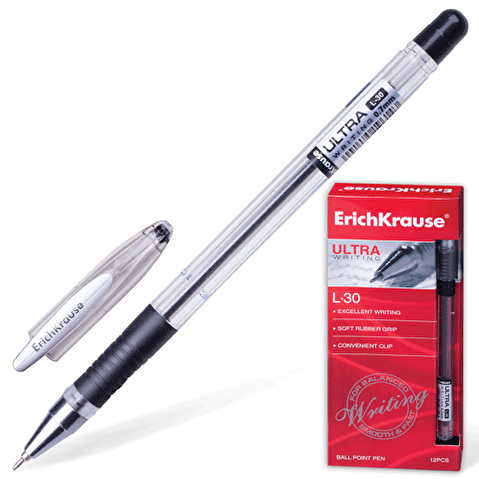 Ручка шариковая ERICH KRAUSE Ultra L-30, 0.7мм, резиновый упор, корпус прозрачный, на масляной основе, черная