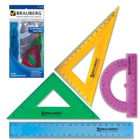 Набор чертежный BRAUBERG Сrystal пластиковый, тонированный, цветной: линейка 20см, 2 треугольника, транспортир