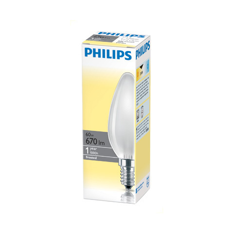 Лампа накаливания PHILIPS 60W/E14, прозрачная, свеча