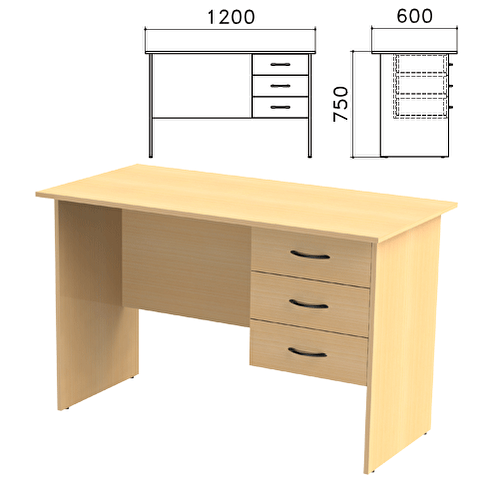 Стол рабочий КАНЦ 1200х600х750мм, тумба 3 ящика, цвет бук
