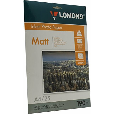 Фотобумага LOMOND А4, 190г/м2, матовая, двусторонняя, 25л  (0102036)