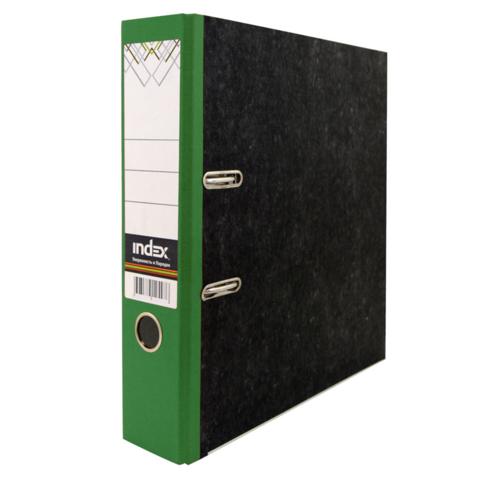 Папка-регистратор INDEX  картон,  А4, 80мм, черный мрамор, зеленый корешок, с металлическим уголком