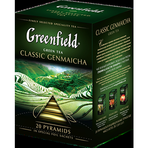 Чай зеленый с добавками GREENFIELD Classic Genmaicha, с воздушным рисом, 20х1.8г, пирамидки