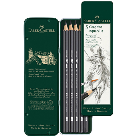 Набор карандашей чернографитовых Faber-Castell, акварельные, заточенные, 5шт/уп, HB, 2B, 4B, 6B, 8B, метал. коробка