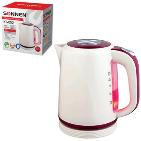 Чайник электрический SONNEN KT-002, 1.7л, 2200Вт, пластик, бежевый/красный