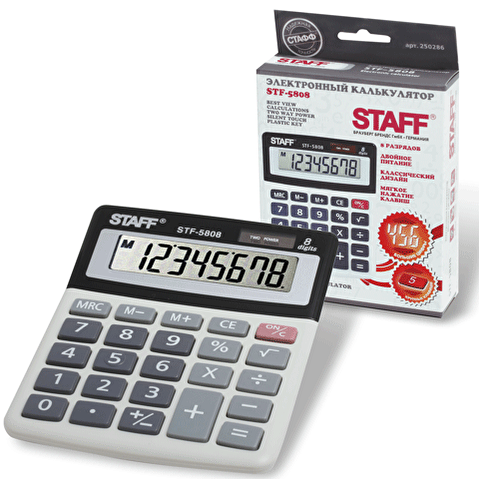 Калькулятор настольный  8 разр. STAFF STF-5808, двойное питание, 134х107мм