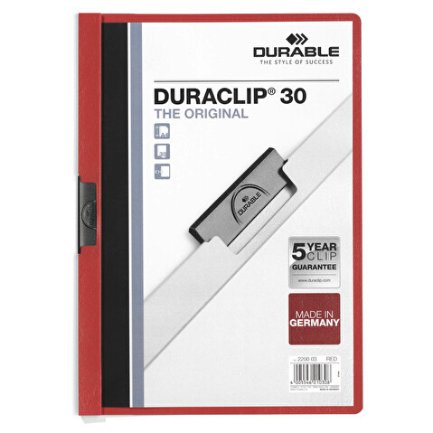 Папка с клипом DURABLE Duraclip 2200-03, А4, пластик, до 30 листов, красная