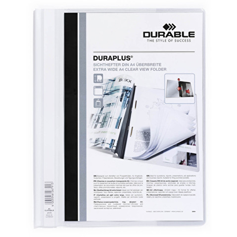 Папка скоросшиватель DURABLE 2579-02, А4+, с прозрачным верхним листом, широкая, 2 внутр. кармана, белая