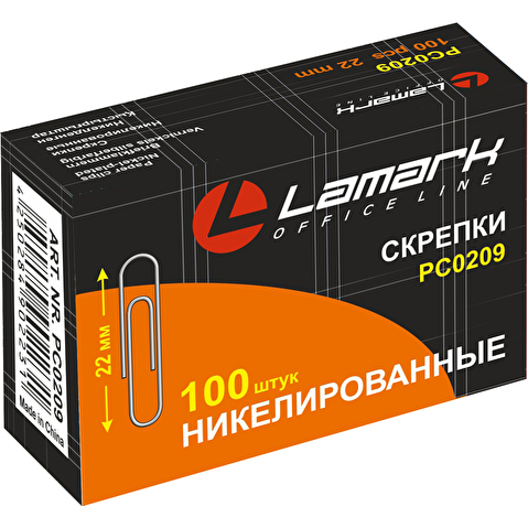 Скрепки 22мм, никелированные, Lamark, 100шт/уп, в картонной коробке