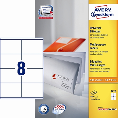 Этикетки самоклеящиеся AVERY-ZWECKFORM 3426, 105х70мм, 8шт на листе  А4, 100л/уп