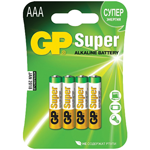 Батарейка GP AAA/LR03/MN2400, Super, 1.5V, алкалиновая,  4шт/уп