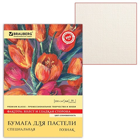 Папка для пастели А4, 210х297 мм, BRAUBERG 200 г/м2, тонированная бумага слоновая кость, Холст, 20л