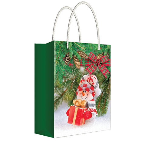 Пакет подарочный новогодний Русский дизайн 11х13,5х6см, ламинированный, "Снеговик с подарком"
