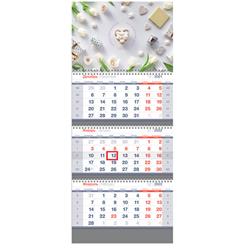 Календарь настенный квартальный OfficeSpace, 2022г, 3-блочный, на 3 спиралях, с бегунком, 295х700 мм, White flowers