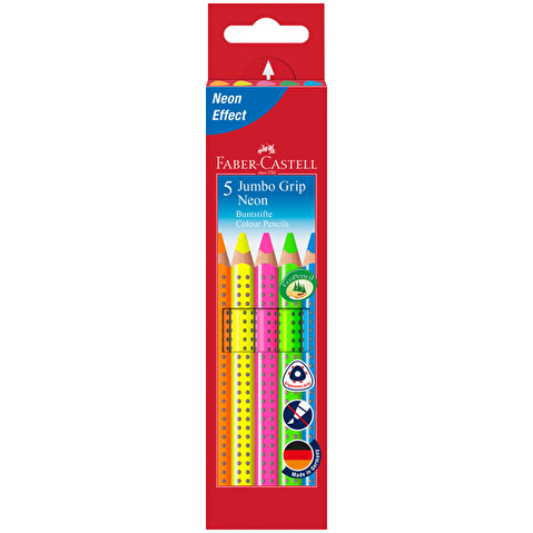 Набор цветных карандашей Faber-Castell Jumbo Grip Neon, 05цв, неон, корпус трехгранный утолщенный, в картонной коробке