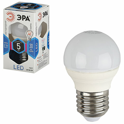 Лампа светодиодная ЭРА, 5(40)Вт, цоколь E27, шар, холодный белый свет, 30000ч (smdP45-5w-840-E27)