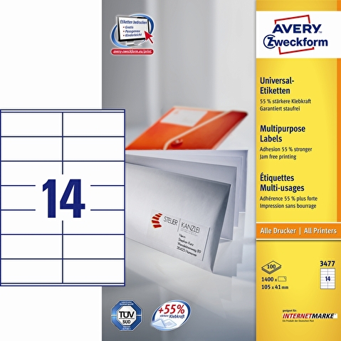 Этикетки самоклеящиеся AVERY-ZWECKFORM 3477, 105х41мм, 10шт на листе А4, 100л/уп