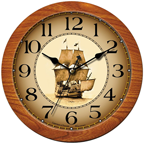 Часы настенные КАМЕЛИЯ Корабль круглые, 29х29х3.5см, пластик, плавный ход, светло-коричневые (бук)