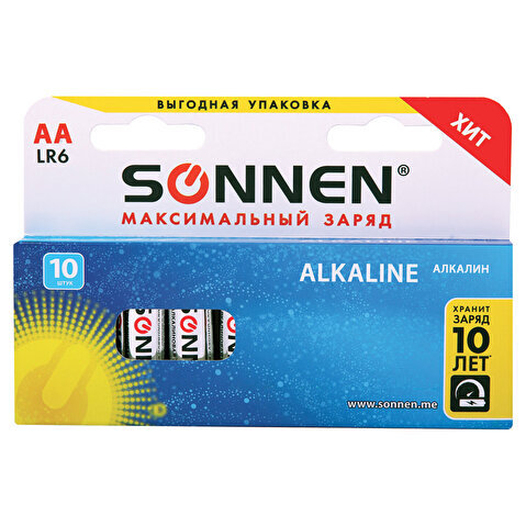 Батарейка SONNEN AA/LR6/1.5V, алкалиновая, 10шт/уп