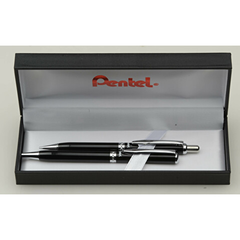 Набор PENTEL A811B811-A Sterling: ручка шариковая 0.8мм, черная + карандаш механический 0.5мм; черный лаковый корпус, в футляре