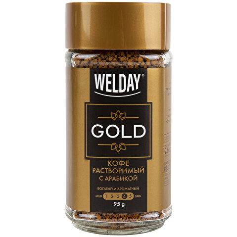 Кофе растворимый WELDAY Gold, арабика, сублимированный, стеклянная банка, 95г