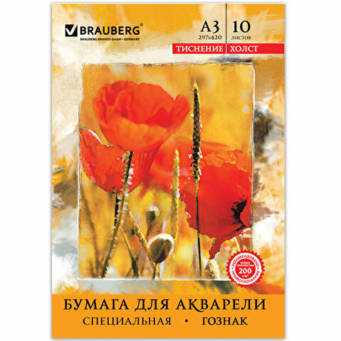 Папка для акварели BRAUBERG А3 297х420мм, вн.блок бумага ГОЗНАК "Холст" 240 г/м2, 10листов