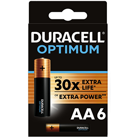 Батарейка DURACELL AA/LR6, 1.5V, Optimum, алкалиновая,  6шт/уп