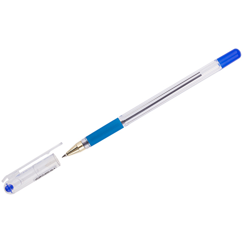Ручка шариковая MUNHWA MC Gold BMC-02, 0.3/0.5 мм, резиновый упор, прозрачный корпус, синяя