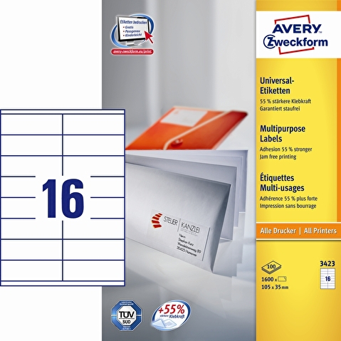 Этикетки самоклеящиеся AVERY-ZWECKFORM 3423, 105х35мм, 16шт на листе  А4, 100л/уп