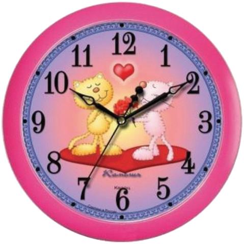 Часы настенные КАМЕЛИЯ Кошки круглые, 29х29х3.5см, пластик, плавный ход, циферблат розовый, рамка розовая