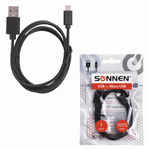 Кабель соединительный USB 2.0-micro USB, 1м, SONNEN, медь, для передачи данных и зарядки, черный, 513115