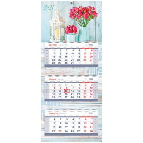 Календарь настенный квартальный OfficeSpace Mini premium, 2021г, 3-блочный, на 3 гребнях, с бегунком, Freshness