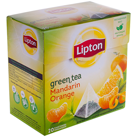 Пакетированный чай фруктовый зеленый LIPTON Green Mandarine Orange 20х1.8г, в пирамидках