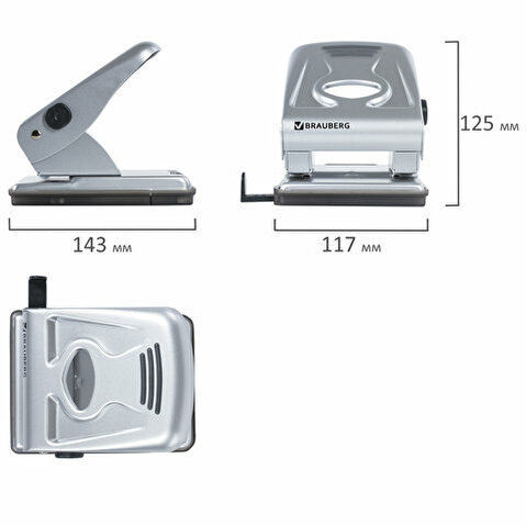 Дырокол BRAUBERG, до 40л, металлический корпус, серебристый