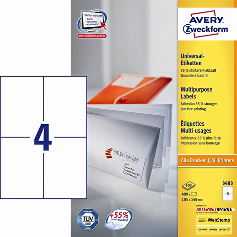 Этикетки самоклеящиеся AVERY-ZWECKFORM 3483, 105х148мм, 4шт на листе  А4, 100л/уп