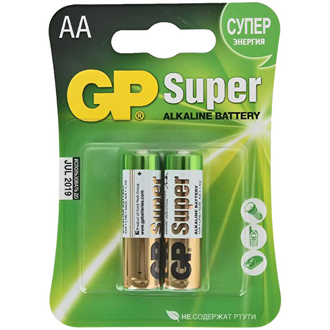 Батарейка GP AA/LR6/MN1500, Super, 1.5V, алкалиновая,  2шт/уп