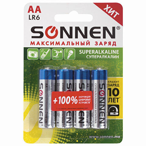 Батарейка SONNEN AA/LR6/1.5V, супералкалиновая, 4шт/уп