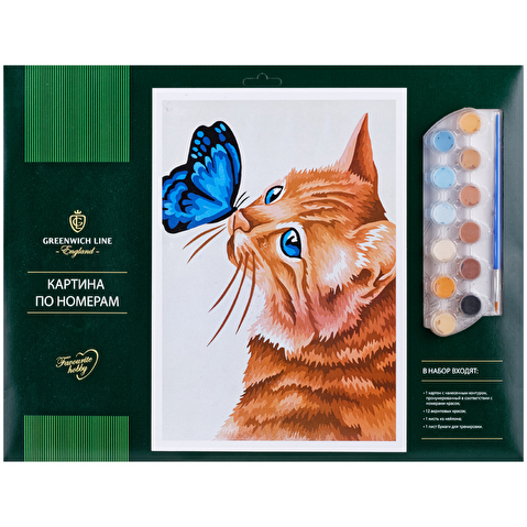 Картина-раскраска по номерам Greenwich Line "Кот и бабочка" A3, с акриловыми красками, картон